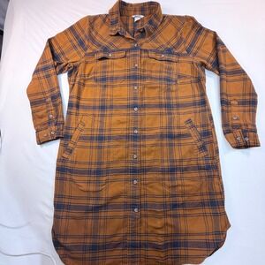 Duluth Trading Shirt Dress Womens M Brown Plaid Flannel Button Front Pockets